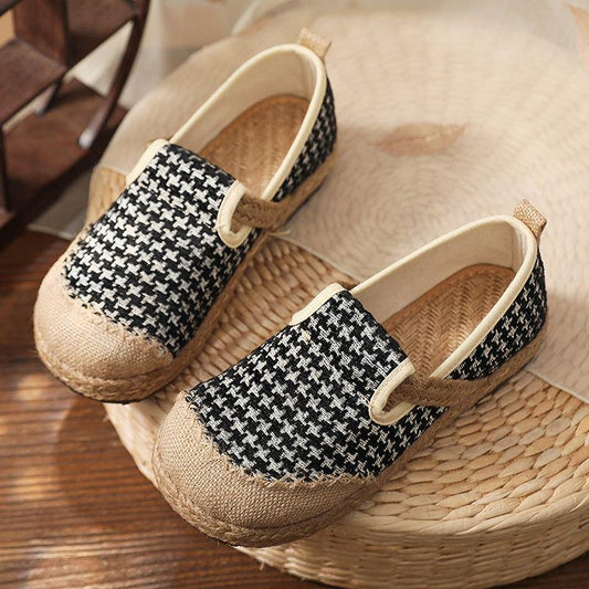 Black Plaid Cotton Linen for Splicing Flat Feet Shoes