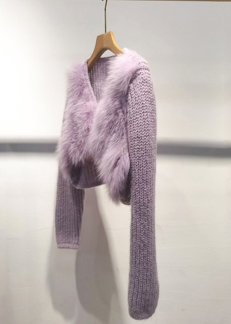 Purple V Neck Patchwork Cotton Knit Sweater Winter