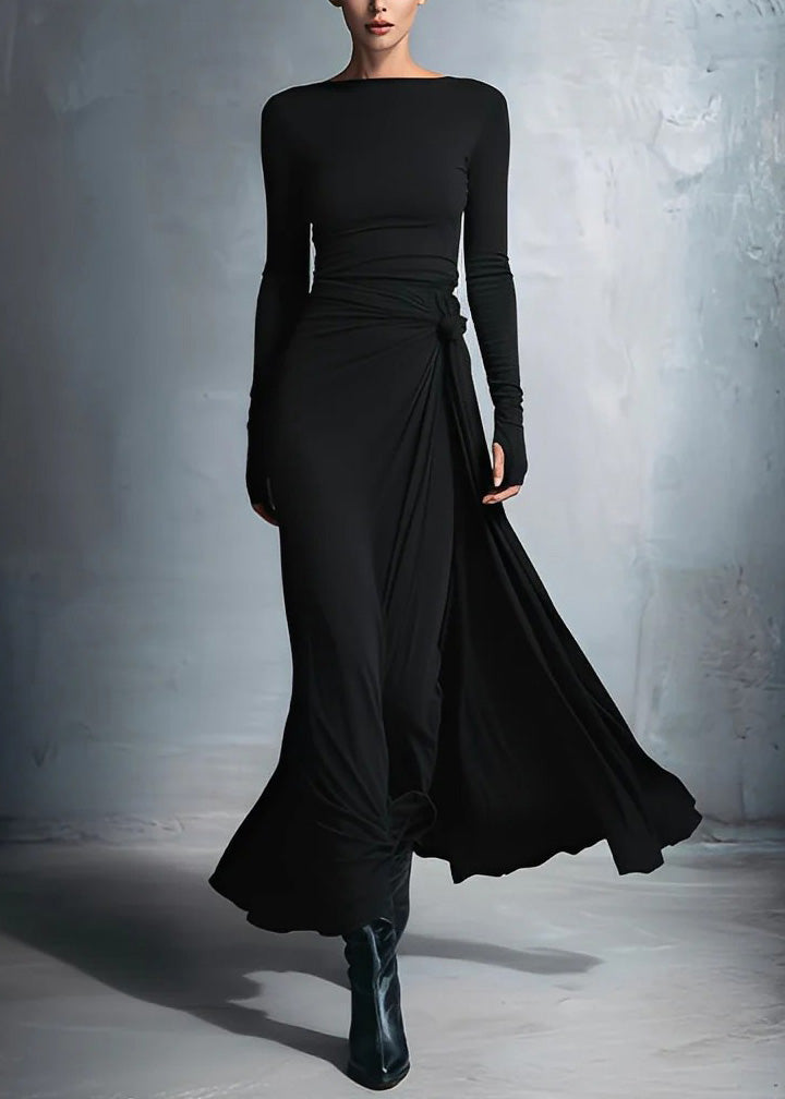 Fitted Grey Slash Neck Patchwork Cotton Long Dress Fall