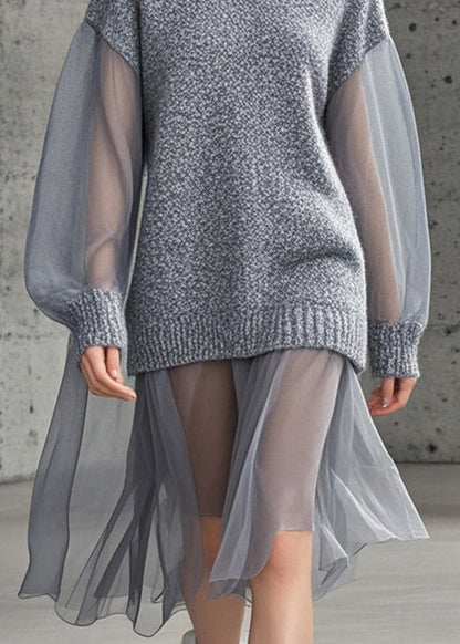 Grey Oversized Patchwork Tulle Knitted Dress Fall