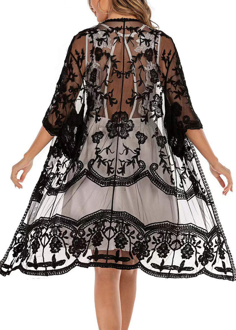 European and American Black Embroidered Lace Beach Cardigan