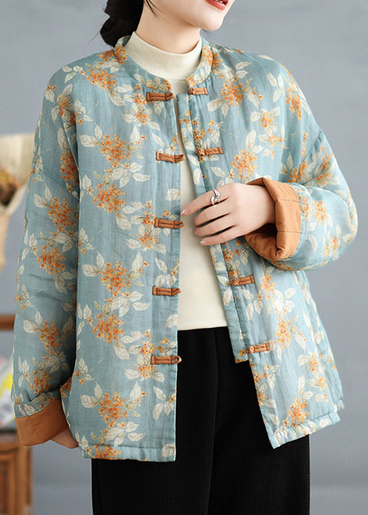 Light Blue Print Fine Cotton Filled Coats Stand Collar Spring