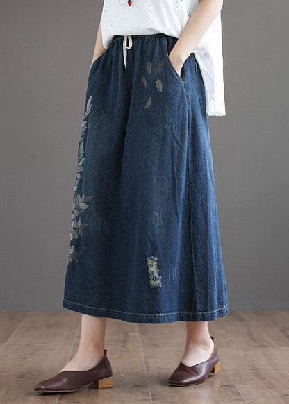 Dark Blue Pockets Cotton Denim Skirt Elastic Waist Ripped Summer