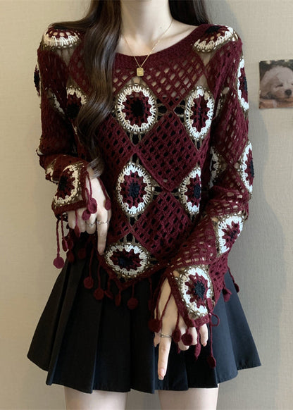 Red Patchwork Knit Top Flare Sleeve