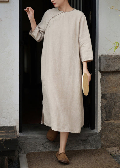 Camel O Neck Chinese Button Linen Long Dress Spring