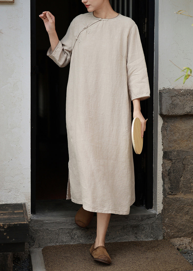 Camel O Neck Chinese Button Linen Long Dress Spring