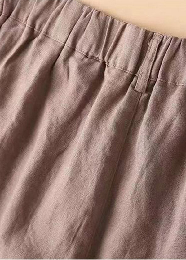 Brown Pockets Elastic Waist Button Linen Straight Pants Summer