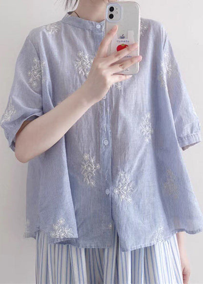 Blue Embroidered Striped Cotton Top Half Sleeve