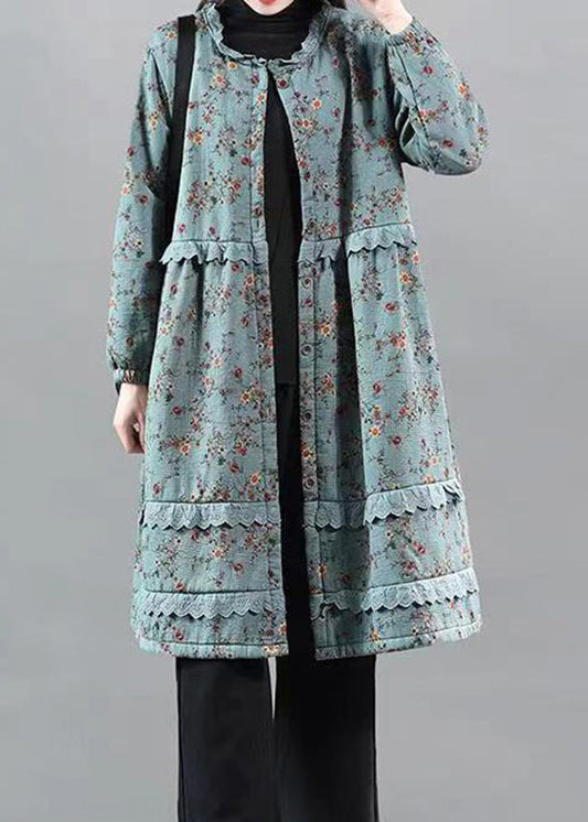 Blue Ruffled Lace Patchwork Warm Fleece Coat Fall