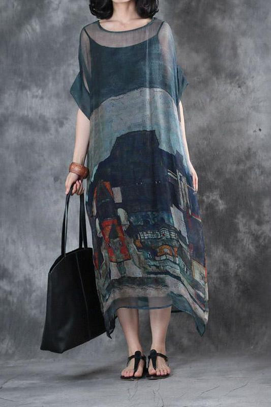 Loose Silk Loose Dresses Summer Blue Outfits
