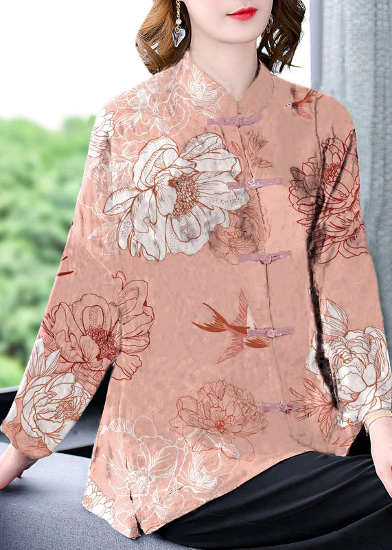 Original Black Mandarin Collar Button Print Silk Coats Long Sleeve