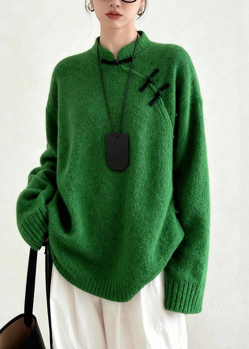 Diy Tea Green Mandarin Collar Chinese Button Knit Sweater Tops Winter