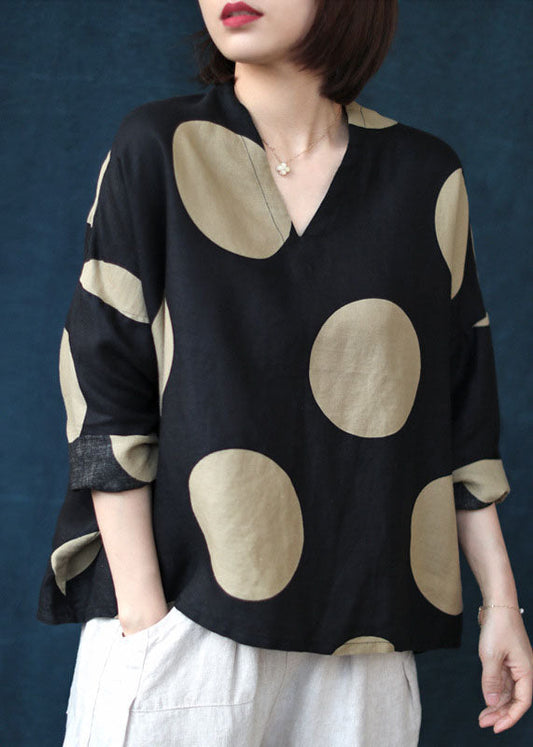 Modern Black V Neck Dot Print Linen Tops Spring