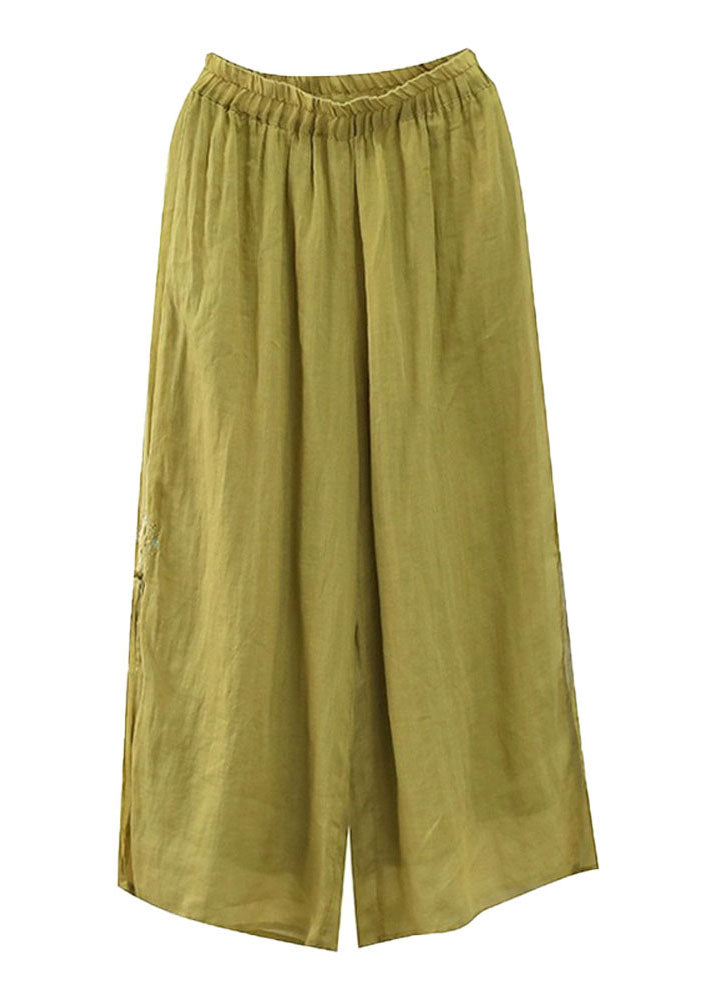 Yellow Embroidered Patchwork Linen Wide Leg Pants Summer