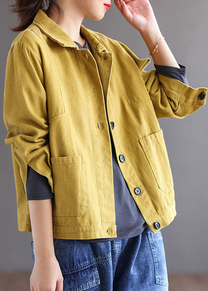 Unique Yellow Peterpan Collar Button Pockets Patchwork Fall Coat