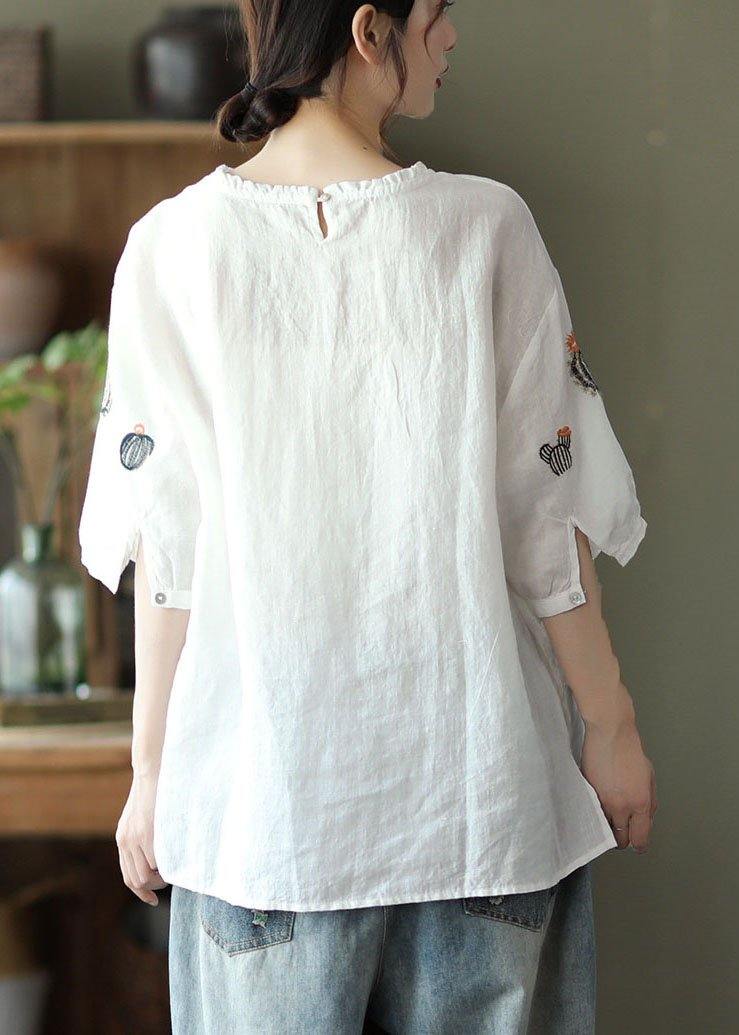 White O-neck Embroidered Summer Ramie Blouse Half Sleeve
