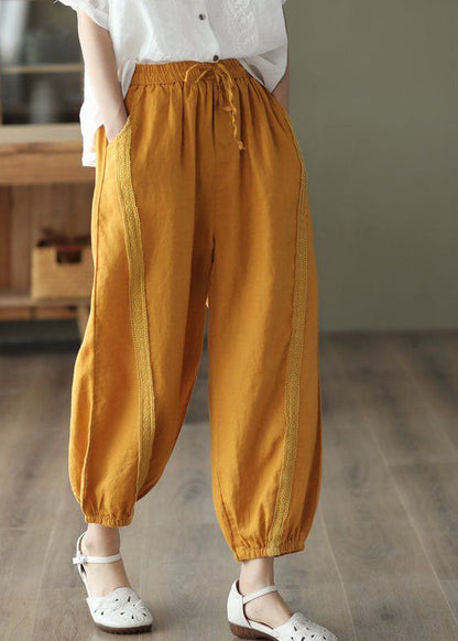 Yellow Pockets Patchwork Linen Harem Pants Summer