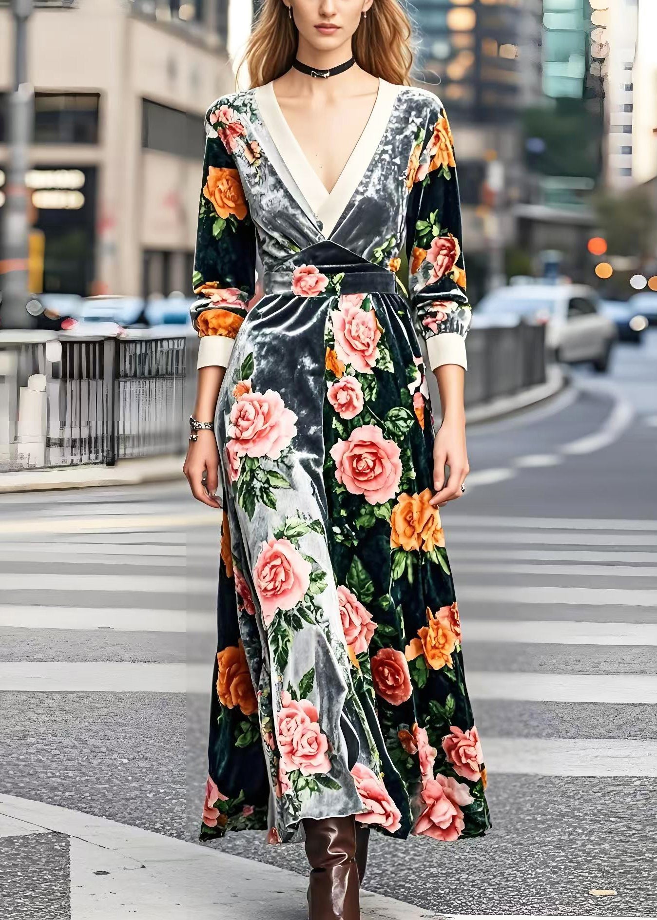 Silm Fit V Neck Patchwork Silk Velvet Robe Dresses Spring