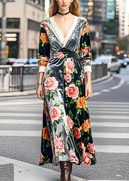 Silm Fit V Neck Patchwork Silk Velvet Robe Dresses Spring