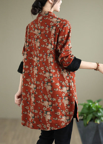 Orange Peter Pan Collar Print Warm Fleece Shirts Coat Spring