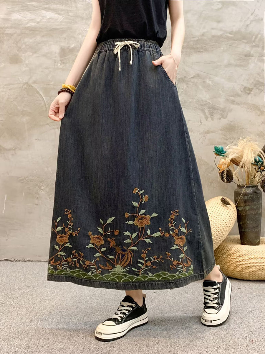 Summer Artsy Flower Embroidert Denim Skirt