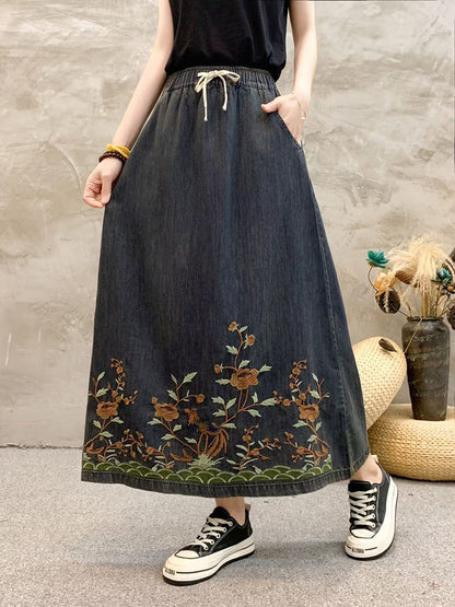Summer Artsy Flower Embroidert Denim Skirt