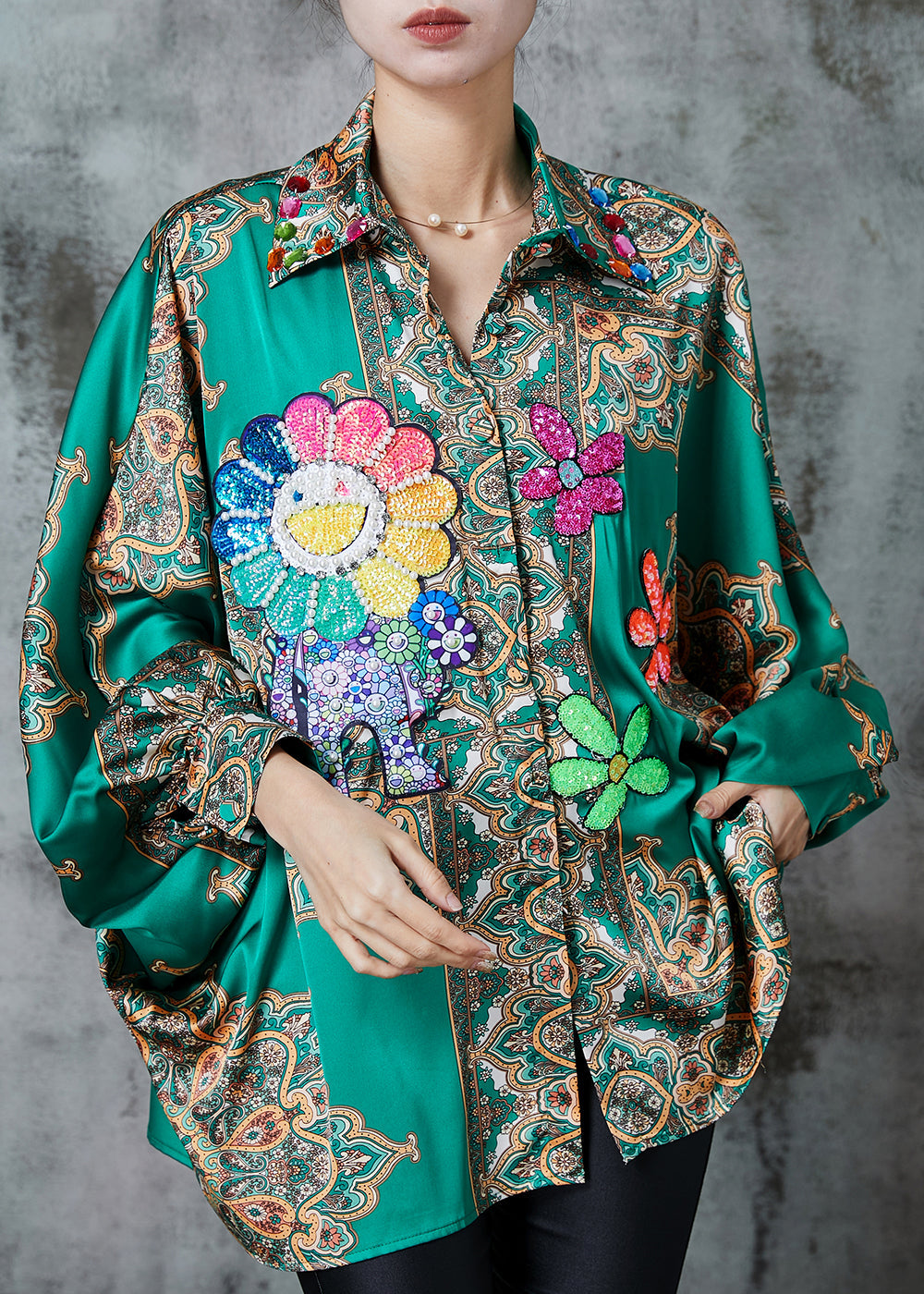 Green Oversized Print Chiffon Top Spring
