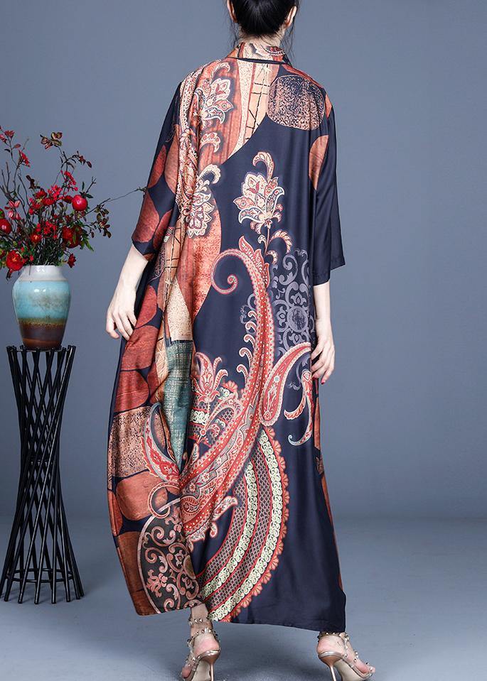Black Print Summer Silk Peter Pan Collar Cardigan Long
