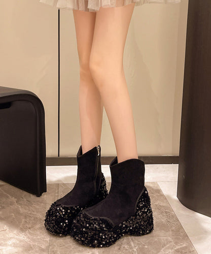 Yellow Suede Sequins Splicing Platform Boots