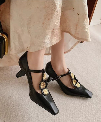 Gold Buckle Strap Decorated Splicing Heels Shoes