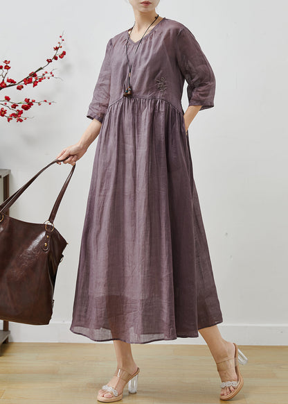 Purple Linen Long Dress Embroidered Bracelet Sleeve