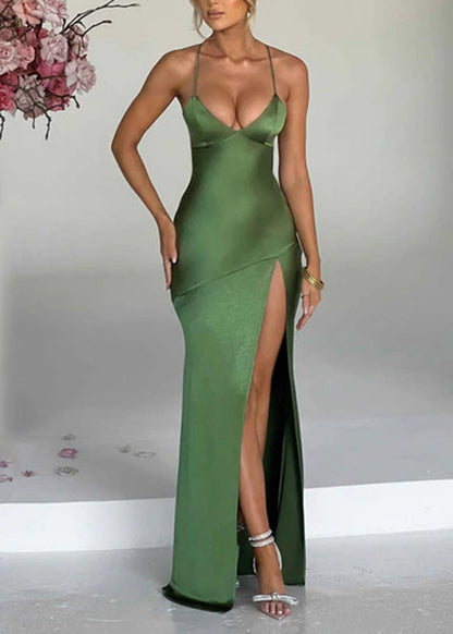 Green Side Open Silk Spaghetti Strap Dress Summer