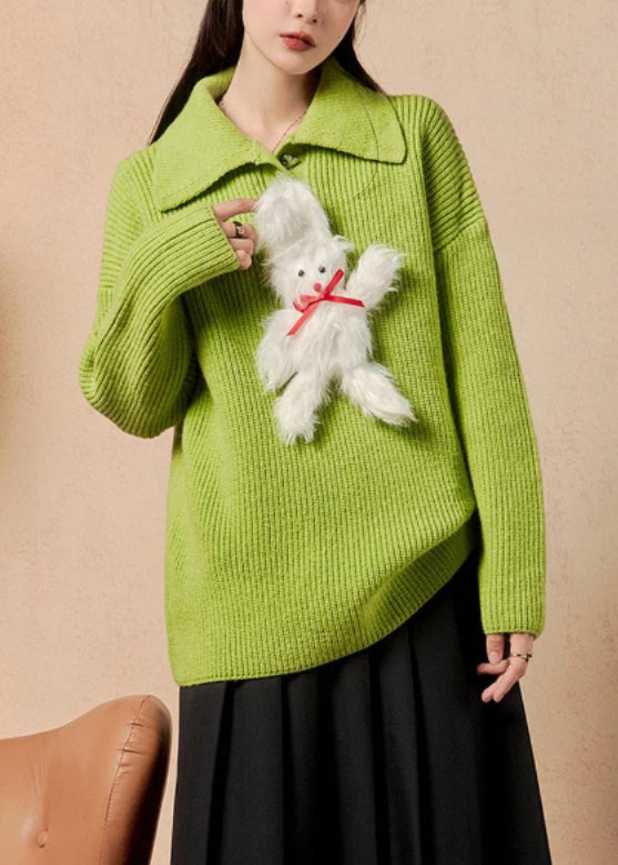 Green Peter Pan Collar Patchwork Knit Sweaters Winter