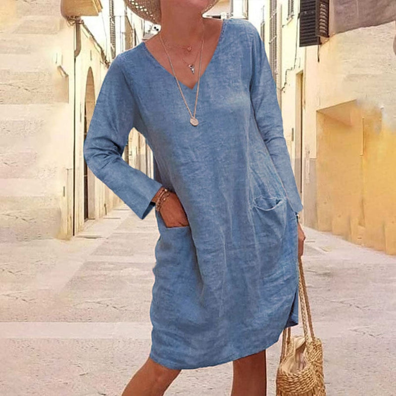 Pure Color Cotton and Linen V-neck Dress