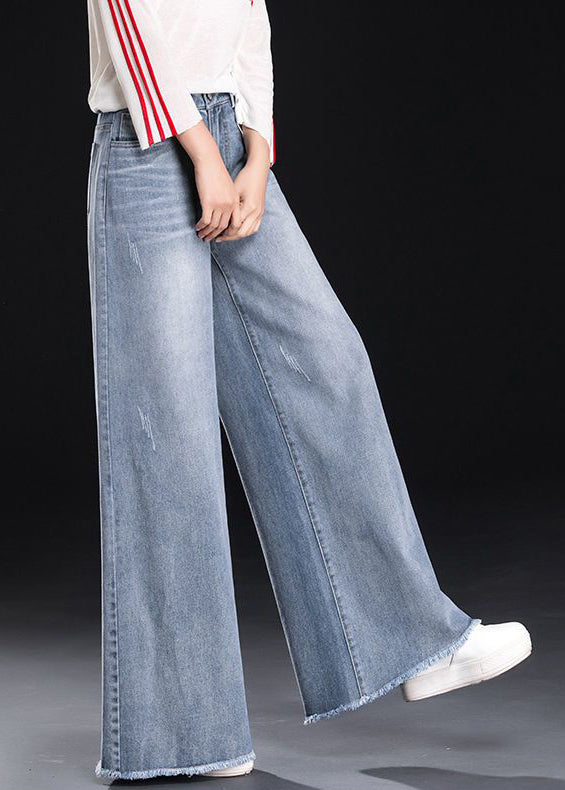 Light Blue Tasseled Denim Straight Pants Summer