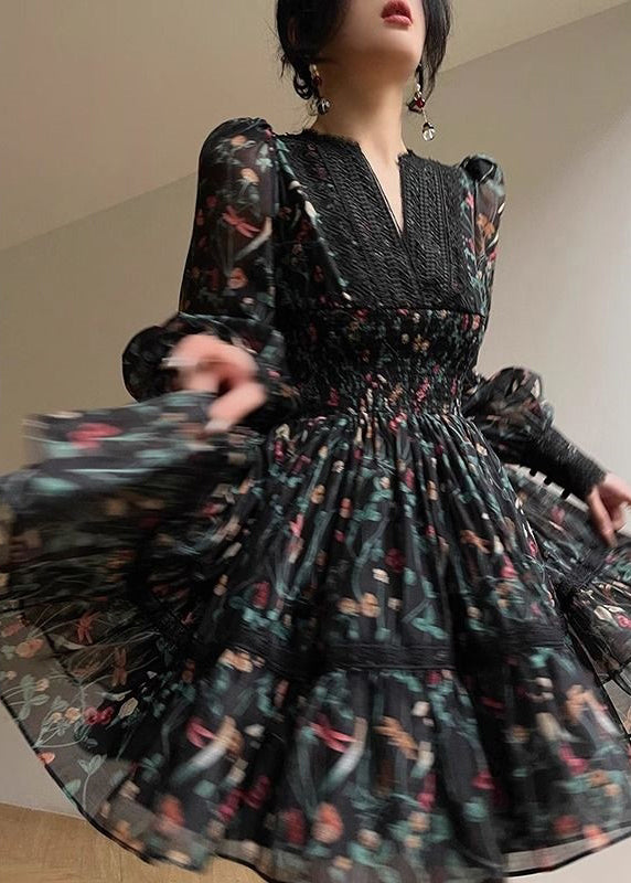 Black V Neck Print Lace Patchwork Chiffon Short Dress Long Sleeve