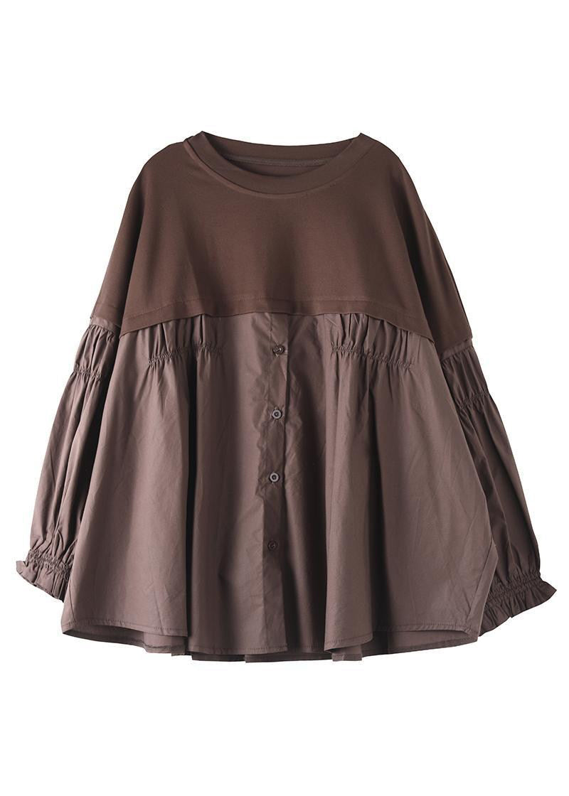Loose Black O-neck Patchwork Button Cotton Top Long Sleeve