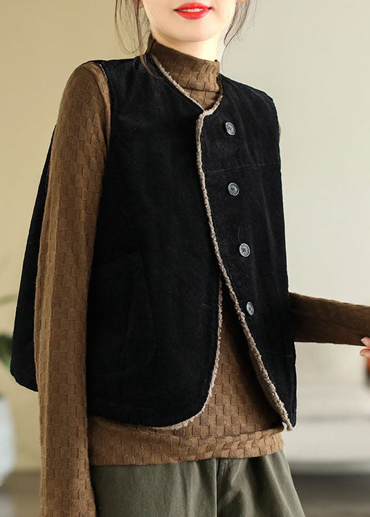 Fitted Mulberry O-neck Fuzzy Wool Lined Thick Corduroy Vest Tops Winter
