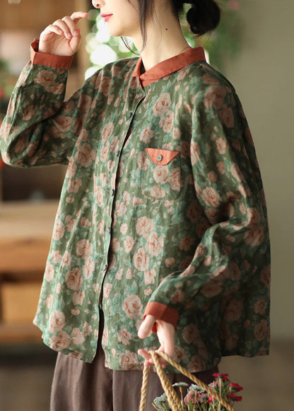 Classy Green Peter Pan Collar Print Button Ramie Top Spring