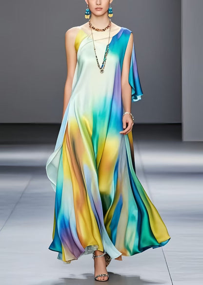 Classy Rainbow Asymmetrical Tie Dye Silk Robe Dresses Summer