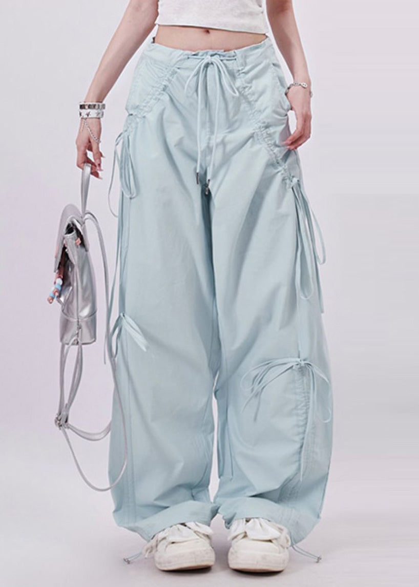 Light Blue Tie Waist Bow Cotton Pants Spring