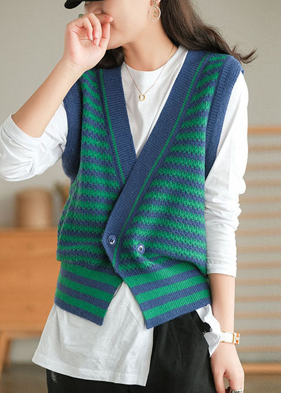Green Striped Button Fall Knit Sleeveless Waistcoat