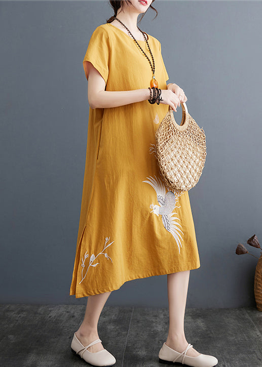 Yellow Embroidered Linen a Line Dress Summer
