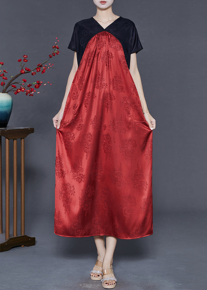 Red V Neck Patchwork Silk Dresses Summer