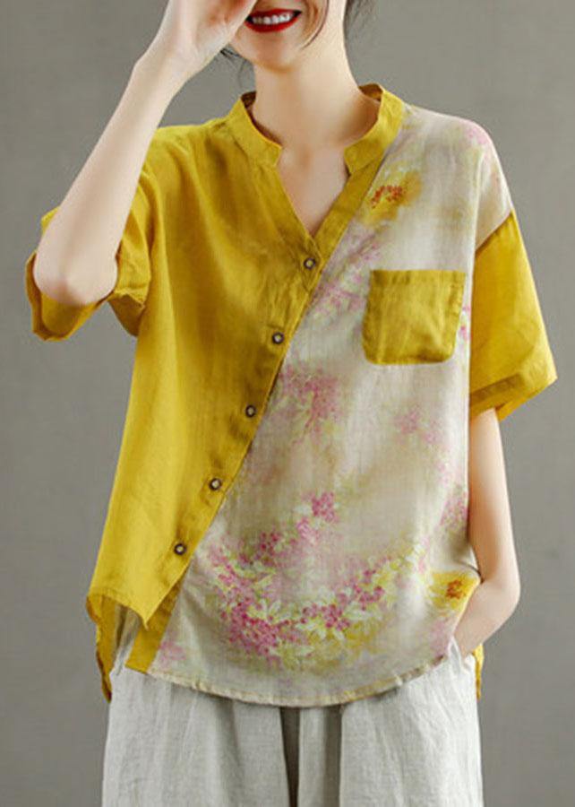 Pink Summer Print Patchwork Ramie Top