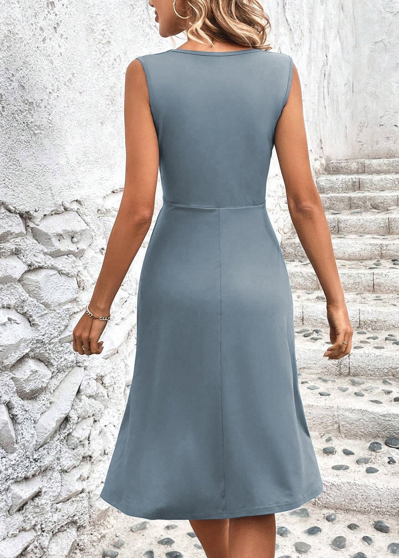 Simple Grey V Neck Cotton Dresses Sleeveless
