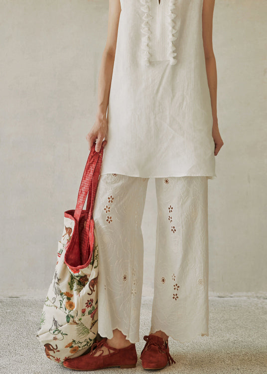 Beige Embroidered Pockets Cotton Wide Leg Pants Summer