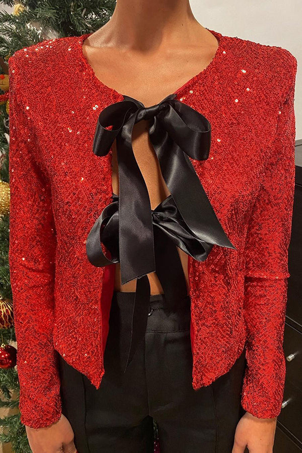 Two Ways to Celebrate Tie-front Bow Sequined Jacket