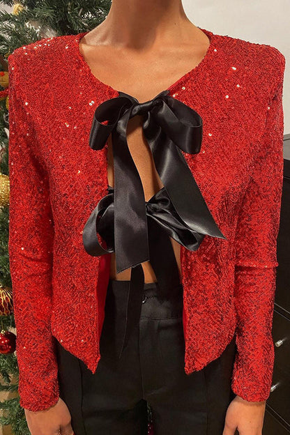 Two Ways to Celebrate Tie-front Bow Sequined Jacket