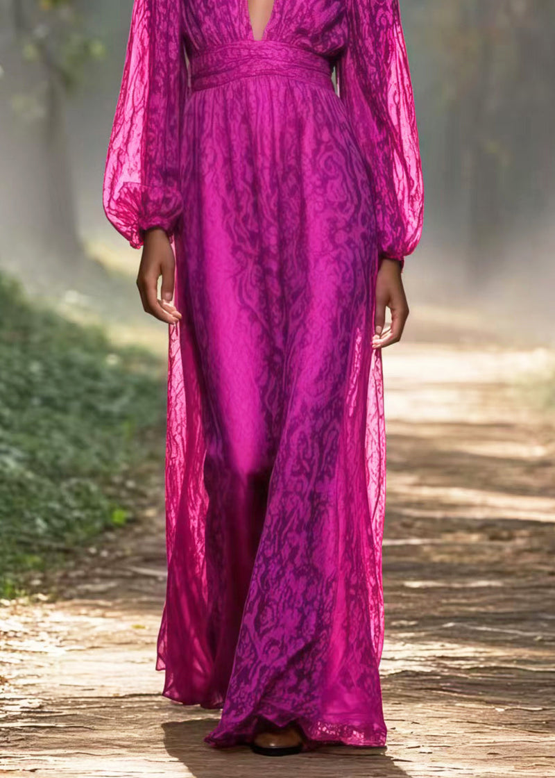 Art Pitaya Color V Neck Jacquard Chiffon Vacation Dress Spring
